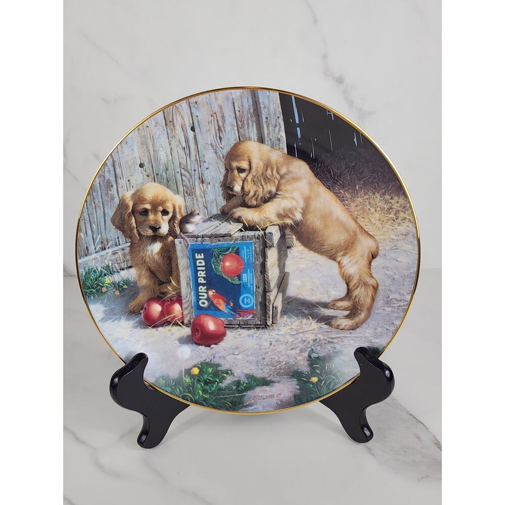 Puppy Playtime Double Take Dog Year 1987 Porcelain 8 1/2" Plate Wall Decor Vtg